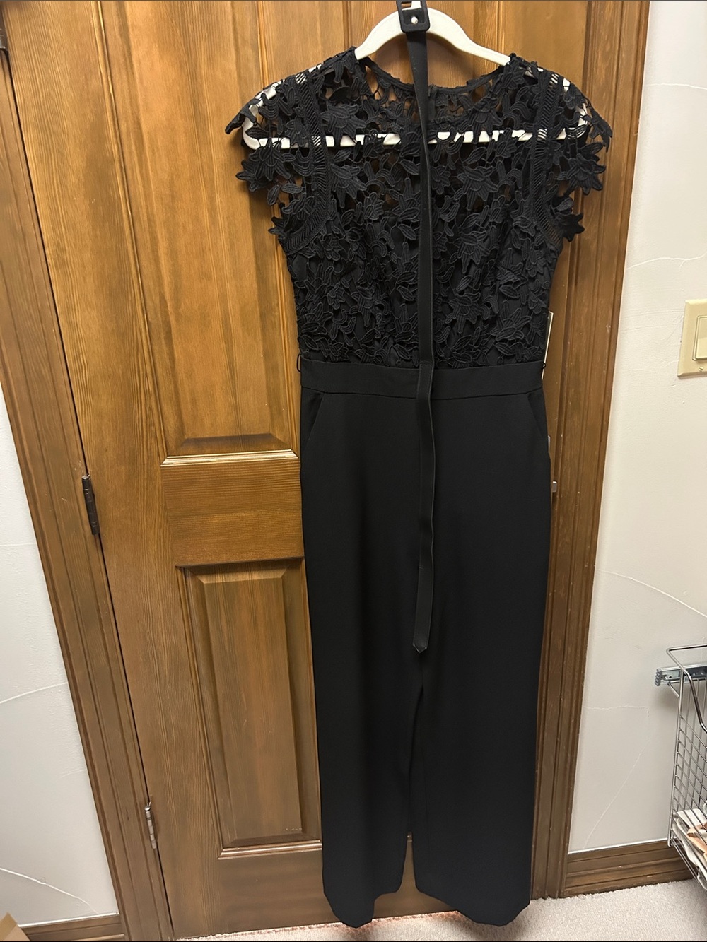Eliza J Black Floral Lace Cap-Sleeve Jumpsuit